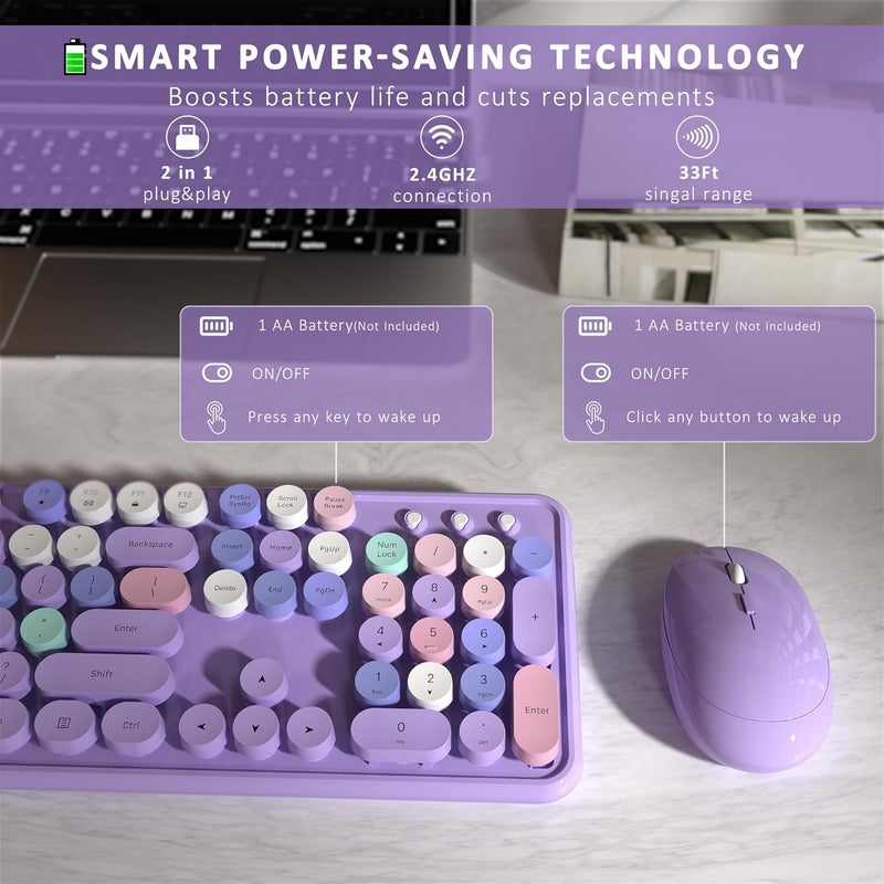 Links9+ Wireless Keyboard and Mouse, Full-Size Retro Typewriter Keyboard with Round Keycaps, 2.4GHz for Windows, Mac, Laptop, PC, Desktop (Purple Colorful) - Image 5